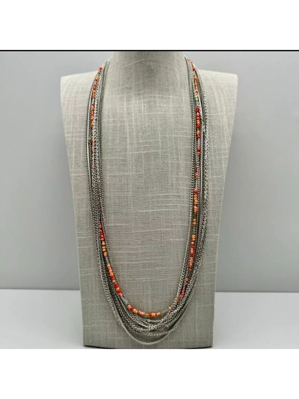 Vera Wang NecklacE Coral Pink Beads Silver Tone Layered Strands NWOT 28"-30"